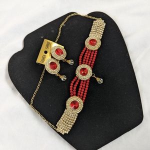NWOT Red Choker Necklace with earrings